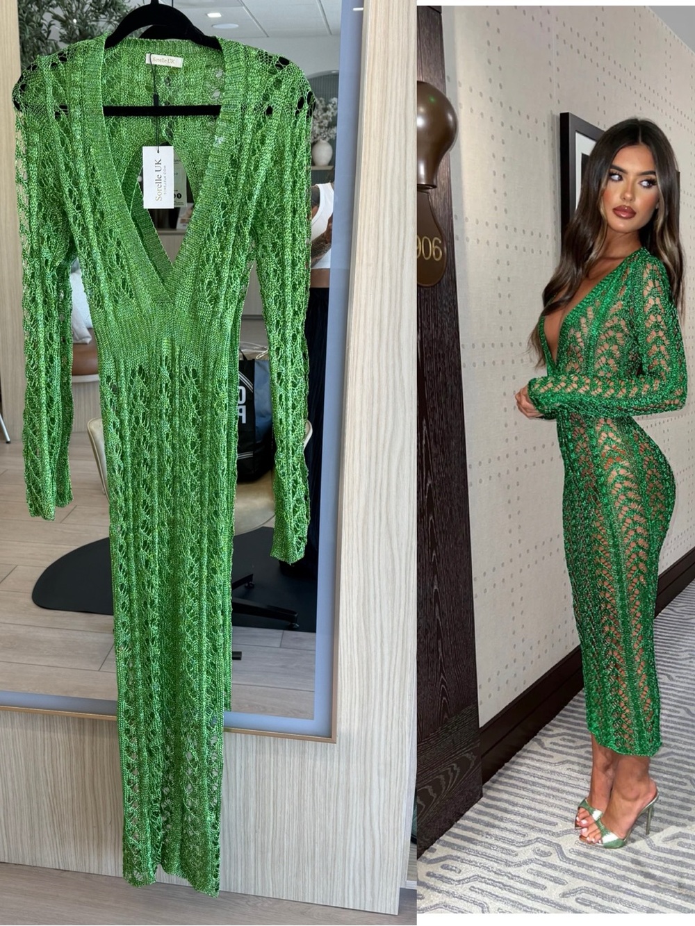 Eve Metallic dress in Green Sheer Knit V-Neck